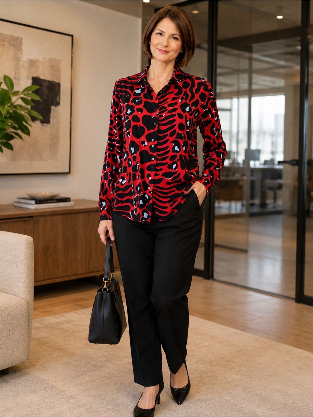 Chico’s Size 3 XL Red Black Animal Print Silk Blend Button Front Blouse
